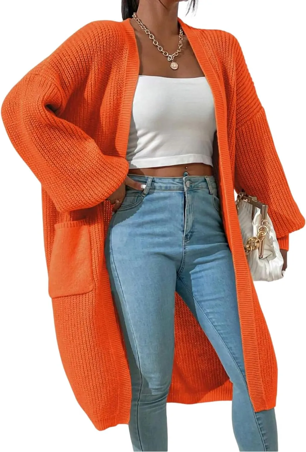 Women's Winter Midi Cardigan Oversized Long Sleeve Fuzzy Knitted Open Front Sweater Coat with Pocket