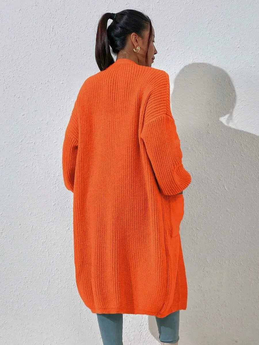 Women's Winter Midi Cardigan Oversized Long Sleeve Fuzzy Knitted Open Front Sweater Coat with Pocket