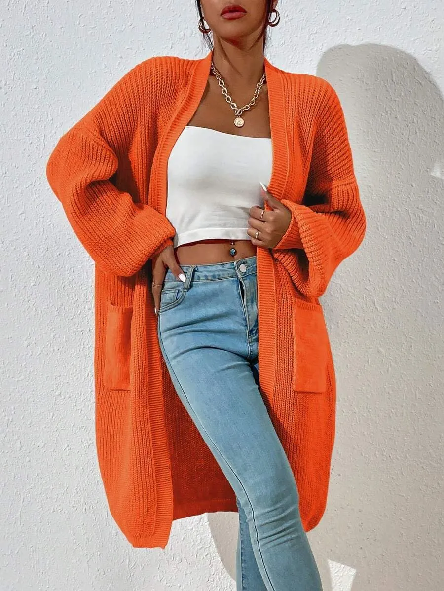 Women's Winter Midi Cardigan Oversized Long Sleeve Fuzzy Knitted Open Front Sweater Coat with Pocket