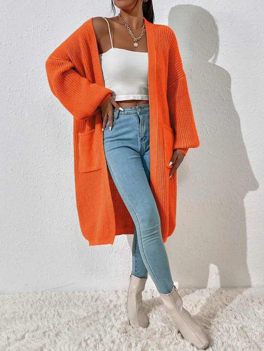 Women's Winter Midi Cardigan Oversized Long Sleeve Fuzzy Knitted Open Front Sweater Coat with Pocket
