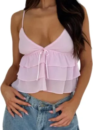 Women's Y2K Ruffle Low Cut Camisole Spaghetti Strap Bow Trim Backless Crop Tops Going Out Streetwear