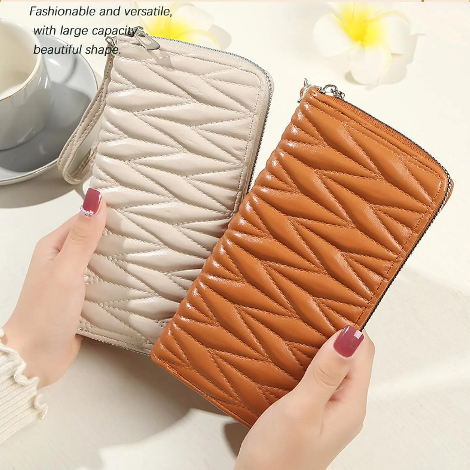 Women's Zip Wristlet Wallet - Large Capacity RFID Blocking Clutch Purse Quilted Soft Vegan Leather Travel Organizer
