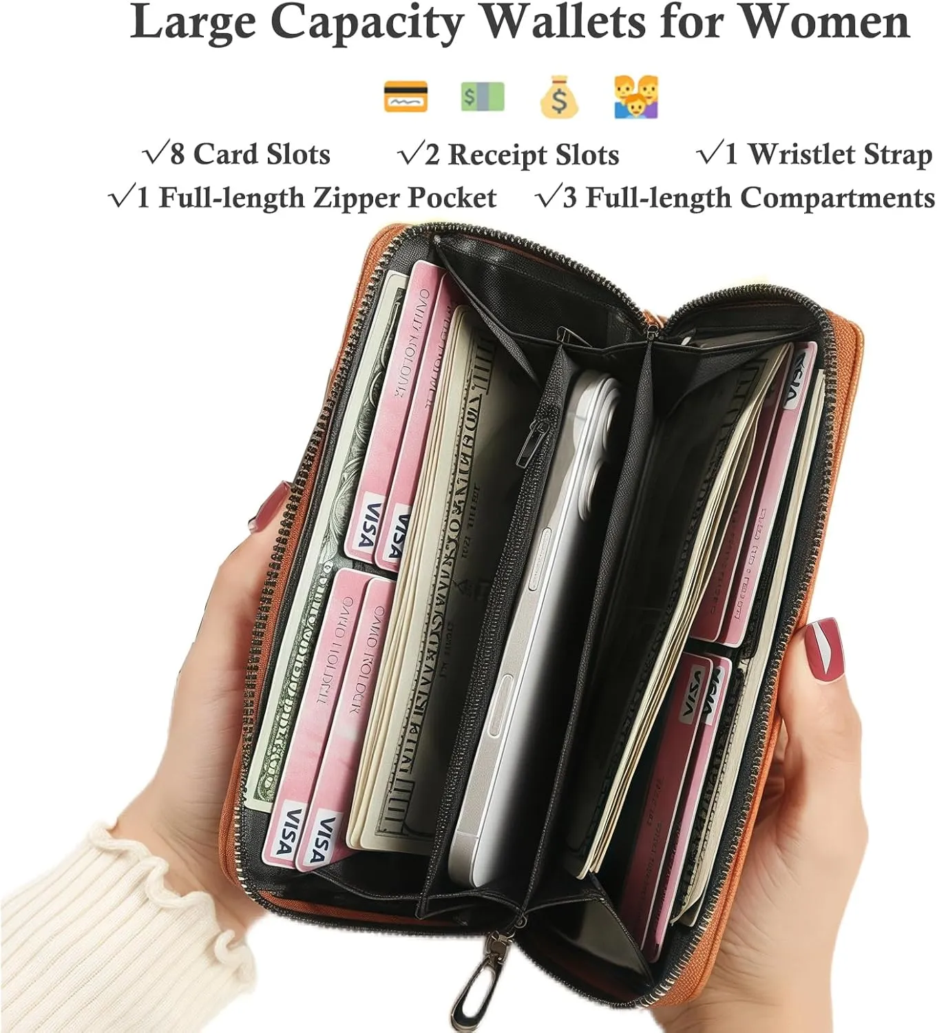 Women's Zip Wristlet Wallet - Large Capacity RFID Blocking Clutch Purse Quilted Soft Vegan Leather Travel Organizer