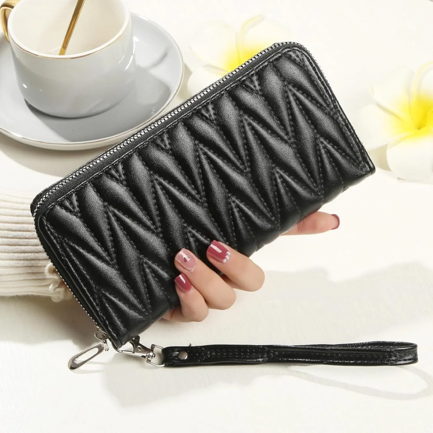 Women's Zip Wristlet Wallet - Large Capacity RFID Blocking Clutch Purse Quilted Soft Vegan Leather Travel Organizer