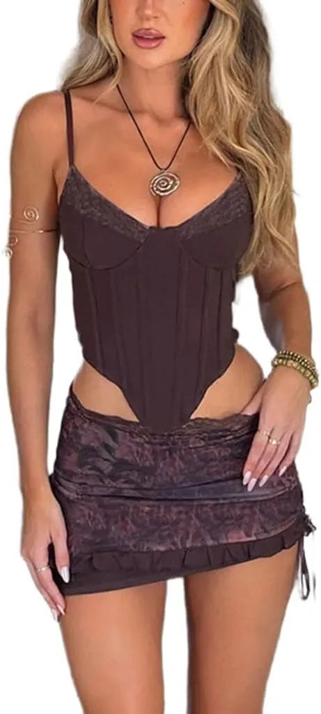 Wuitrie Two Piece Skirt Set for Women Sexy Lace Corseted Camisole Top Ruffle Pleated Hip Skirt Vocation Outfits Set