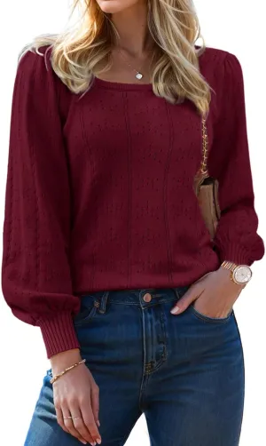 XINWEZZ Womens Sweaters Fall 2024 Casual Puff Long Sleeve Square Neck Cozy Knitted Pullover Sweater Tops Trendy Outfits