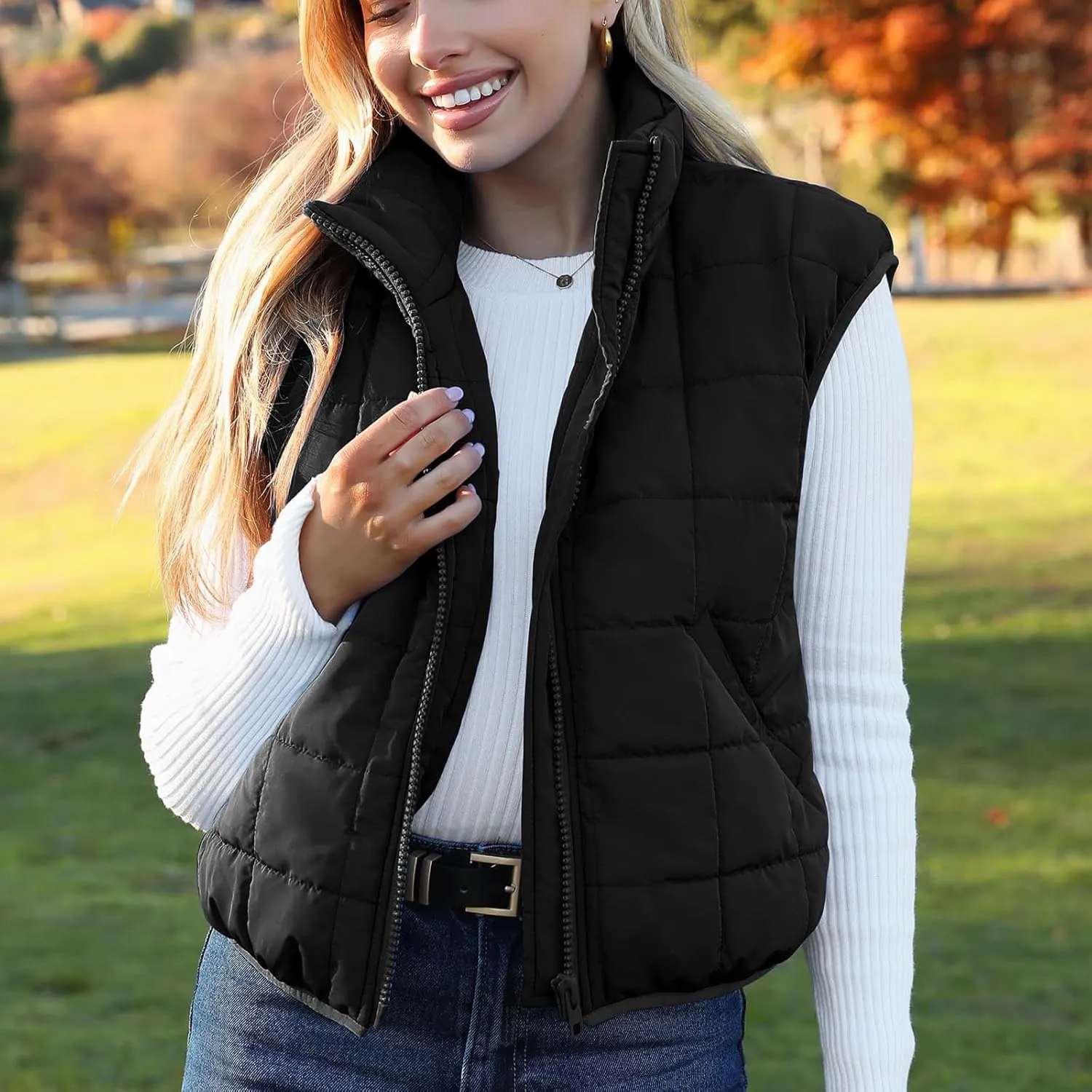 XUNRYAN Womens Puffer Vest Winter Warm Coats Quilted Lightweight Jacket Sleeveless Full Zip Cotton Outerwear Padded Gilet