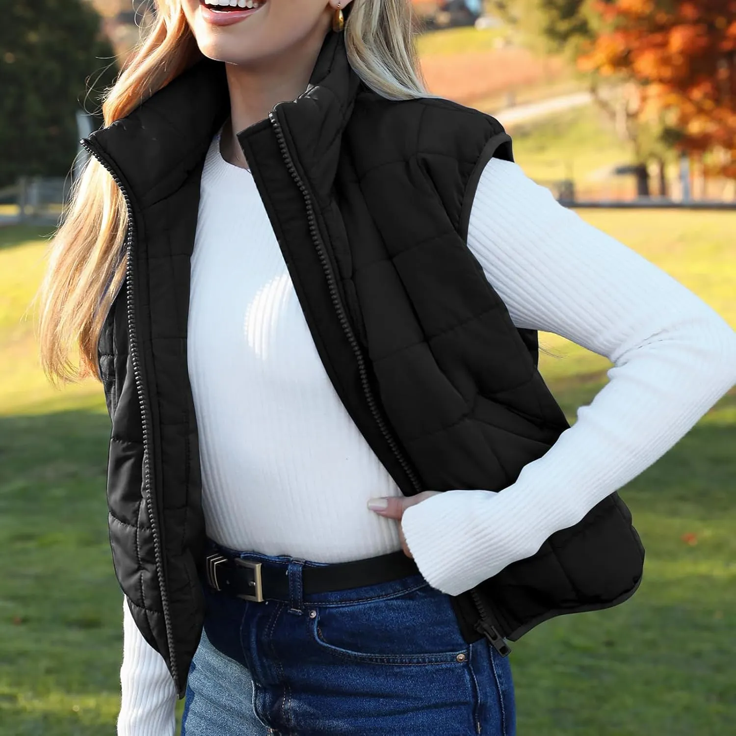 XUNRYAN Womens Puffer Vest Winter Warm Coats Quilted Lightweight Jacket Sleeveless Full Zip Cotton Outerwear Padded Gilet