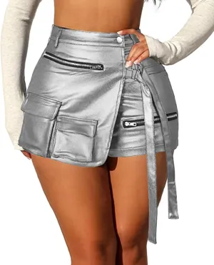 XZLUFNY Metallic Cargo Skorts for Women High Waisted Multi-Pocket A-Line Short Skirt