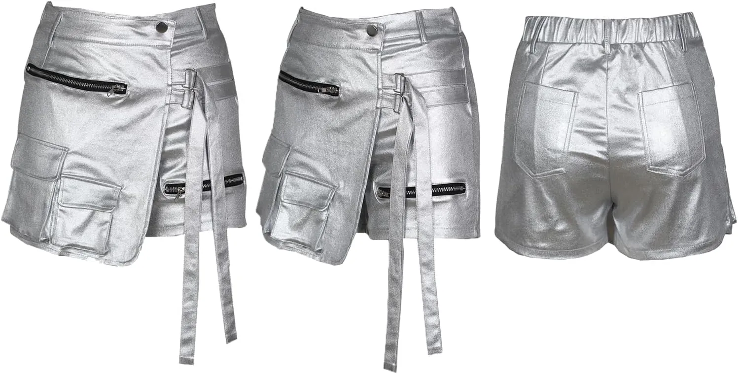 XZLUFNY Metallic Cargo Skorts for Women High Waisted Multi-Pocket A-Line Short Skirt
