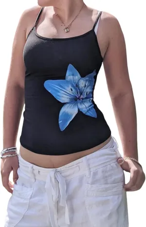 Y2k Camisole Top Women Teen Girl Floral Sleeveless Backless Spaghetti Strap Low Neck Crop Tank Sexy Going Out Cami