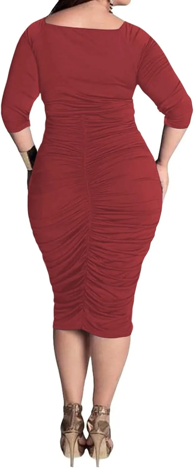 Yajedo Women's Plus Size Bodycon Sexy V Neck Short Sleeve Ruched Cocktail Midi Dresses
