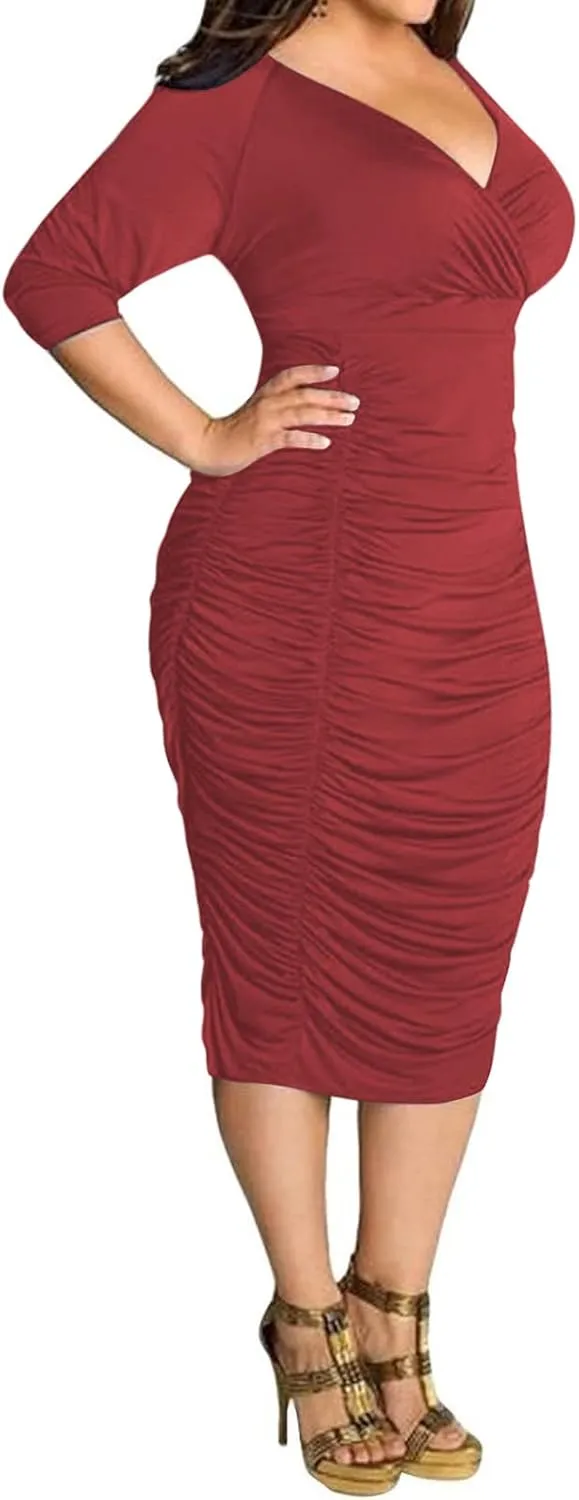 Yajedo Women's Plus Size Bodycon Sexy V Neck Short Sleeve Ruched Cocktail Midi Dresses
