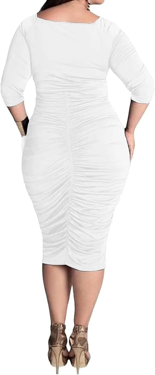 Yajedo Women's Plus Size Bodycon Sexy V Neck Short Sleeve Ruched Cocktail Midi Dresses