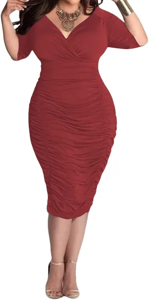 Yajedo Women's Plus Size Bodycon Sexy V Neck Short Sleeve Ruched Cocktail Midi Dresses