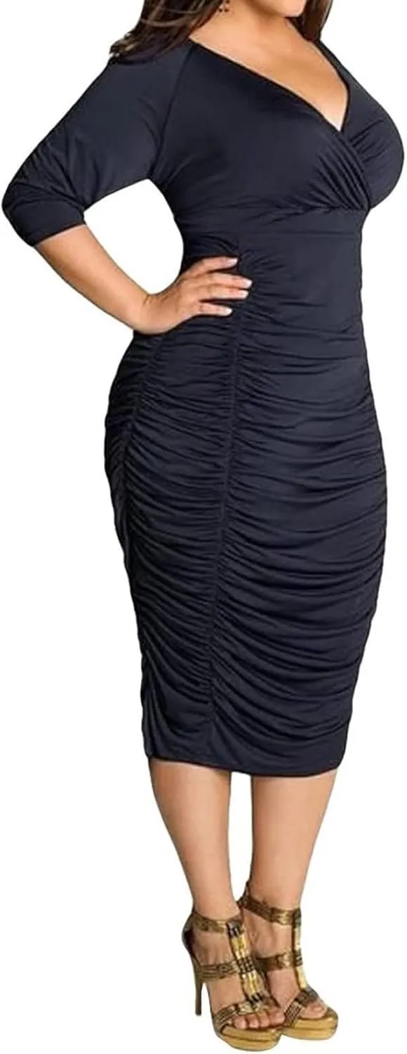 Yajedo Women's Plus Size Bodycon Sexy V Neck Short Sleeve Ruched Cocktail Midi Dresses