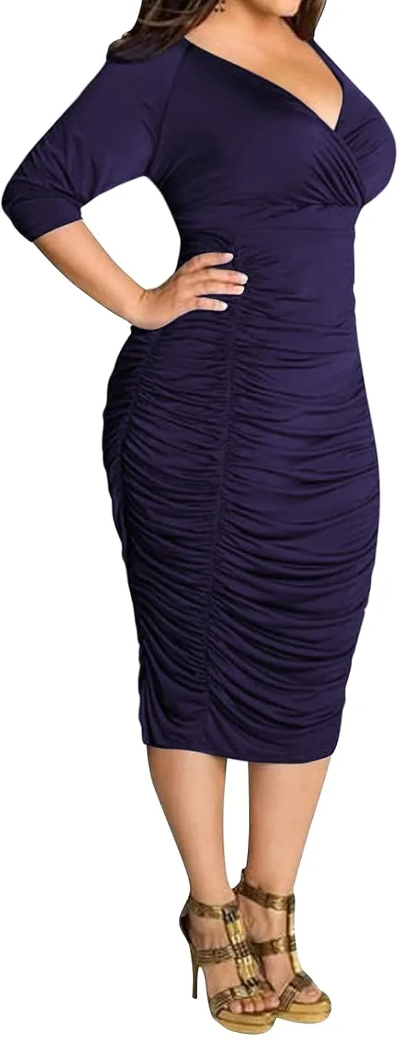 Yajedo Women's Plus Size Bodycon Sexy V Neck Short Sleeve Ruched Cocktail Midi Dresses
