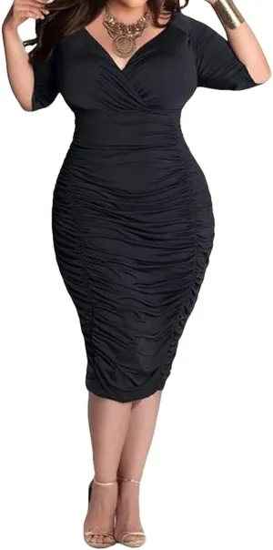 Yajedo Women's Plus Size Bodycon Sexy V Neck Short Sleeve Ruched Cocktail Midi Dresses