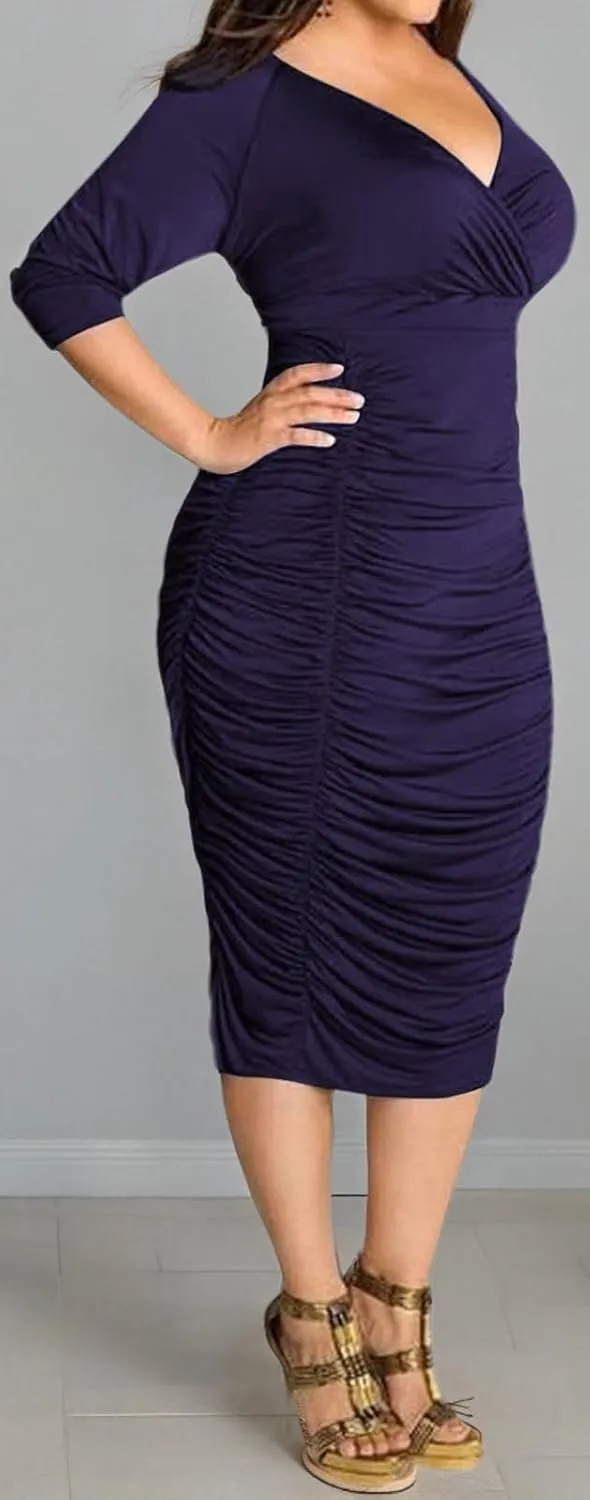 Yajedo Women's Plus Size Bodycon Sexy V Neck Short Sleeve Ruched Cocktail Midi Dresses