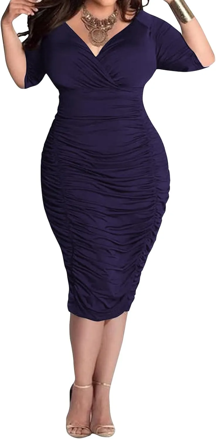 Yajedo Women's Plus Size Bodycon Sexy V Neck Short Sleeve Ruched Cocktail Midi Dresses