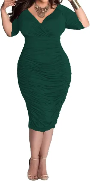 Yajedo Women's Plus Size Bodycon Sexy V Neck Short Sleeve Ruched Cocktail Midi Dresses