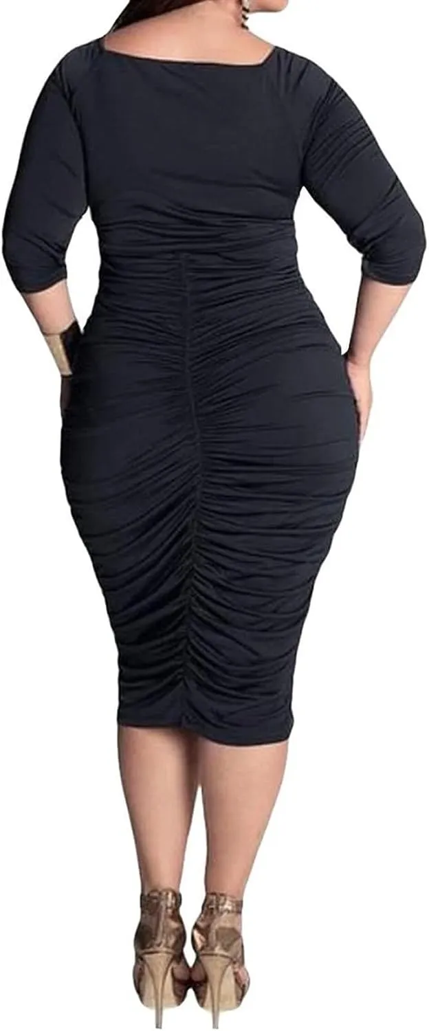 Yajedo Women's Plus Size Bodycon Sexy V Neck Short Sleeve Ruched Cocktail Midi Dresses