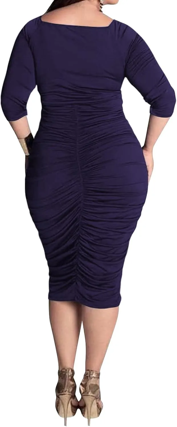 Yajedo Women's Plus Size Bodycon Sexy V Neck Short Sleeve Ruched Cocktail Midi Dresses