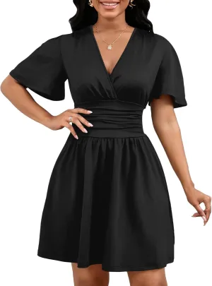 Yajedo Womens Summer Dress 2025 Sexy Deep V Neck Short Sleeve Tie Waist Flowy Swing Mini Beach Short Dress