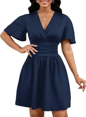 Yajedo Womens Summer Dress 2025 Sexy Deep V Neck Short Sleeve Tie Waist Flowy Swing Mini Beach Short Dress