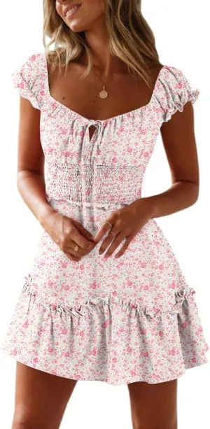 YOBECHO Womens Summer Ruffle Sleeve Sweetheart Neckline Printing Dress Mini Dresses Light Pink