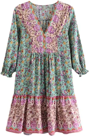 Youllyuu Women Floral Print Button Deep V-Neck Bohemian Mini Dress Ruffle Sleeve Happie Dresses