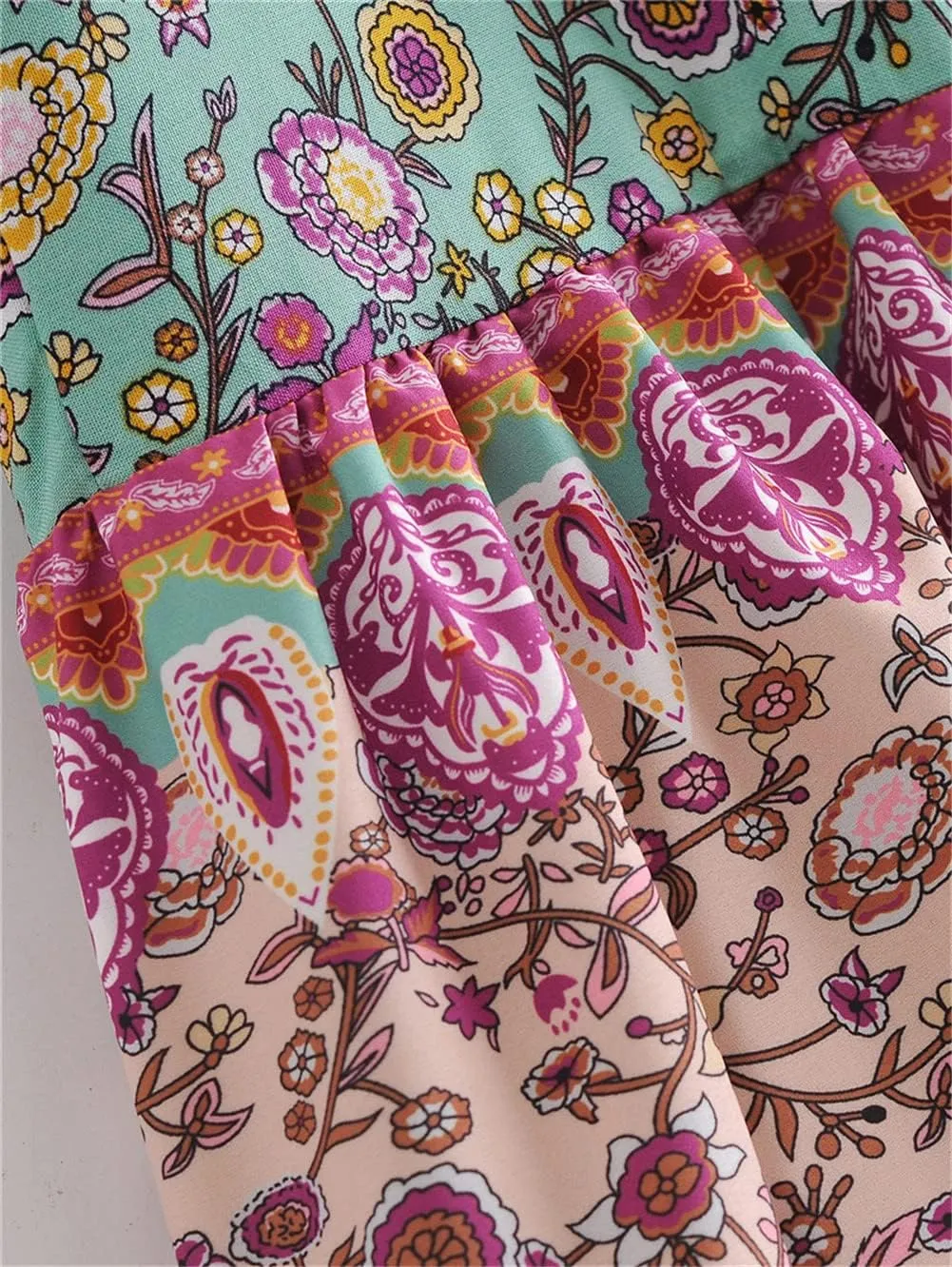 Youllyuu Women Floral Print Button Deep V-Neck Bohemian Mini Dress Ruffle Sleeve Happie Dresses