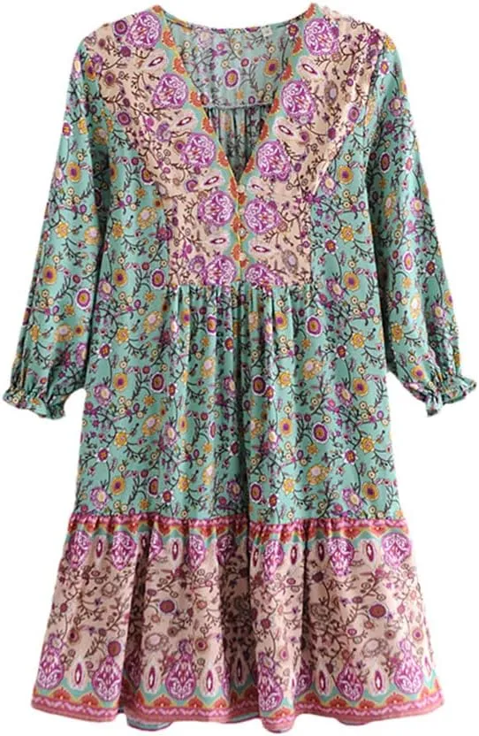 Youllyuu Women Floral Print Button Deep V-Neck Bohemian Mini Dress Ruffle Sleeve Happie Dresses