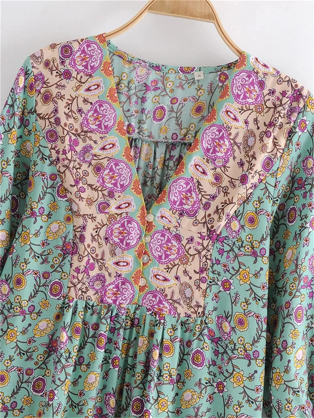 Youllyuu Women Floral Print Button Deep V-Neck Bohemian Mini Dress Ruffle Sleeve Happie Dresses