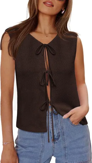 Yousify Womens Tie Front Sweater Vest 2025 Summer Sleeveless Crochet Knit Tops Lightweight Cardigan Sweaters Outfits