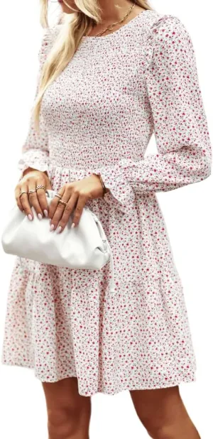YOXUA Women's Casual Mini Dress, Long Sleeve Crewneck Ruffle Shoulder Floral Printed Pleated Babydoll Short Dress