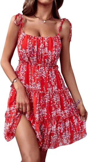 YOXUA Women's Spaghetti Strap Summer Ruched Bust Mini Dress, Ruffle Square Neck Cami Bodycon Floral Printed Smocked Dresses