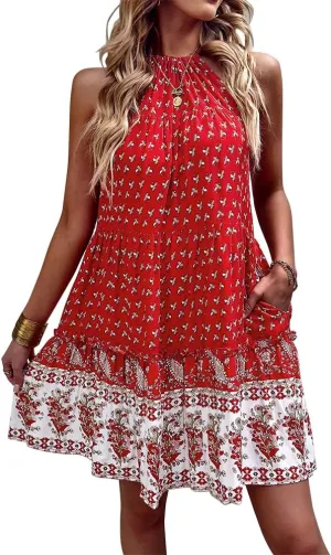 YOXUA Women's Summer Boho Halter Neck Mini Dress, Sleeveless Floral Printed Swing Tunic Tank Beach Ruffle Sundress
