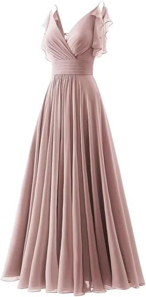 YUAOHUANG Spaghetti Straps Chiffon Formal Ball Gown V Neck Bridesmaid Dresses Formal Evening Gowns Long A Line Cold Shoulder Cocktail Party Dresses Ruffle Light Pink Pleated Dresses US Size 14