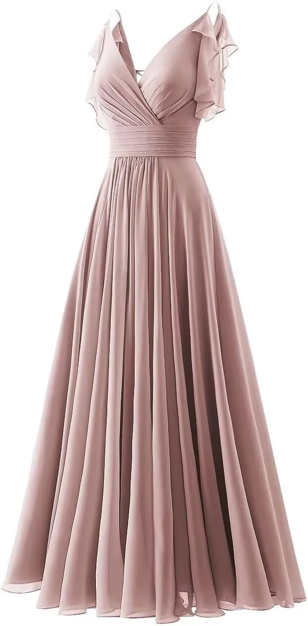YUAOHUANG Spaghetti Straps Chiffon Formal Ball Gown V Neck Bridesmaid Dresses Formal Evening Gowns Long A Line Cold Shoulder Cocktail Party Dresses Ruffle Light Pink Pleated Dresses US Size 14
