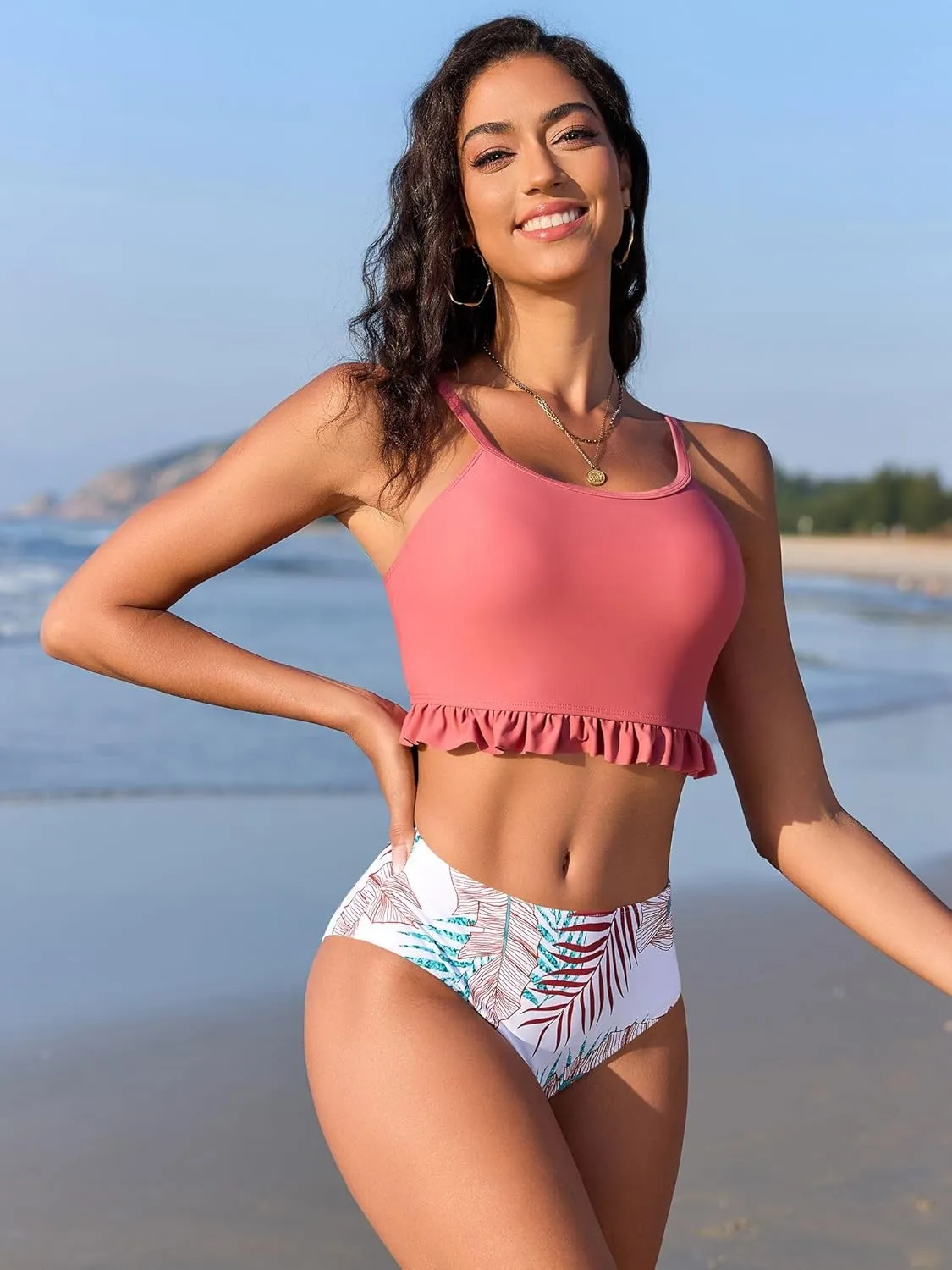ZAFUL Women's High Waisted Tankini Swimsuits Floral Leaf Print Bikini Sets Ruffles Swimwear Two Piece Bathing Suits