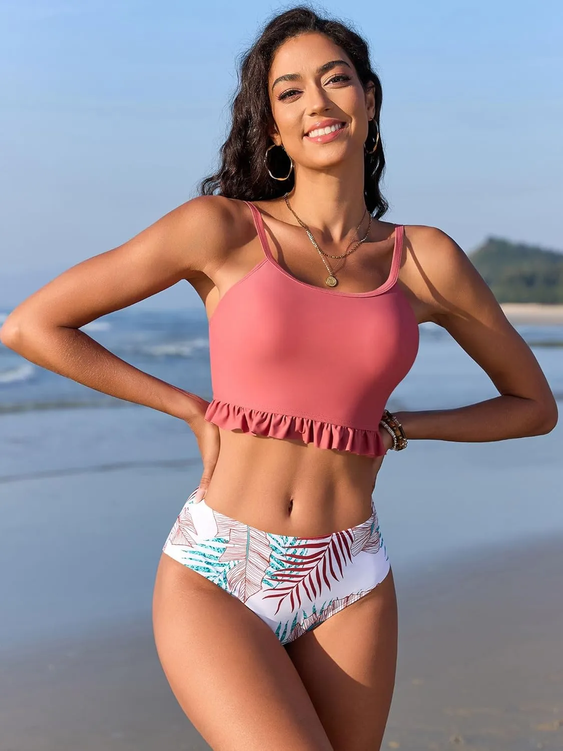 ZAFUL Women's High Waisted Tankini Swimsuits Floral Leaf Print Bikini Sets Ruffles Swimwear Two Piece Bathing Suits