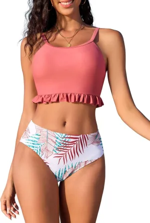 ZAFUL Women's High Waisted Tankini Swimsuits Floral Leaf Print Bikini Sets Ruffles Swimwear Two Piece Bathing Suits