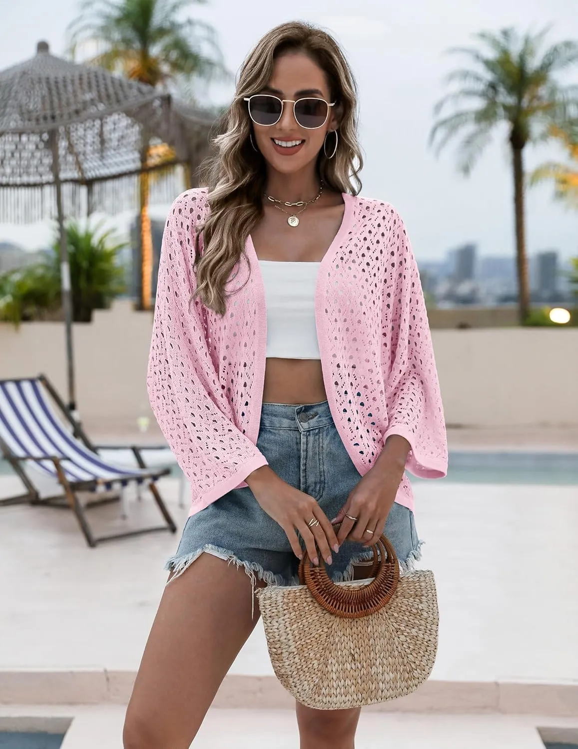 Zeagoo Womens Summer Crochet Cardigan Sweaters Lightweight Open Front 3/4 Sleeve Batwing Kimono Boho Knit Cover Ups 2025