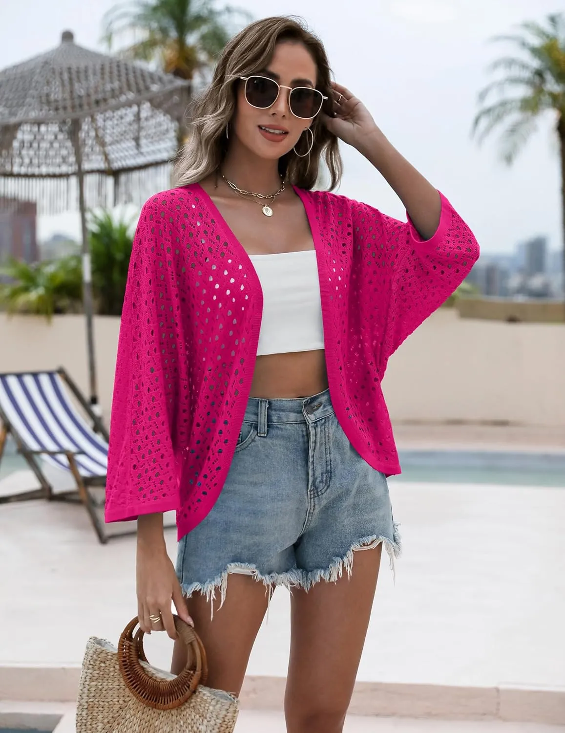 Zeagoo Womens Summer Crochet Cardigan Sweaters Lightweight Open Front 3/4 Sleeve Batwing Kimono Boho Knit Cover Ups 2025