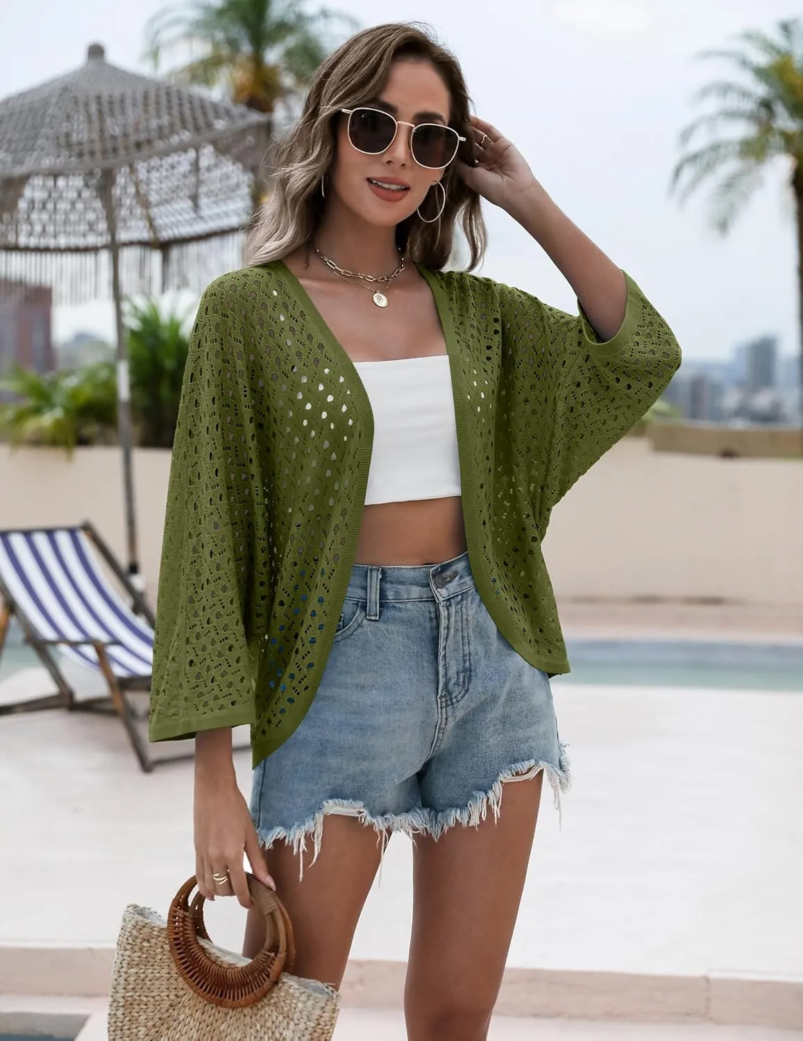 Zeagoo Womens Summer Crochet Cardigan Sweaters Lightweight Open Front 3/4 Sleeve Batwing Kimono Boho Knit Cover Ups 2025