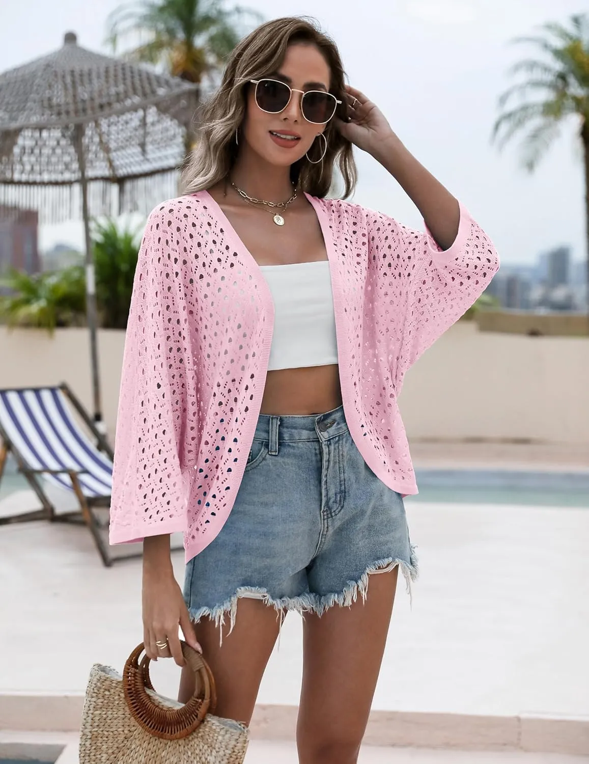 Zeagoo Womens Summer Crochet Cardigan Sweaters Lightweight Open Front 3/4 Sleeve Batwing Kimono Boho Knit Cover Ups 2025