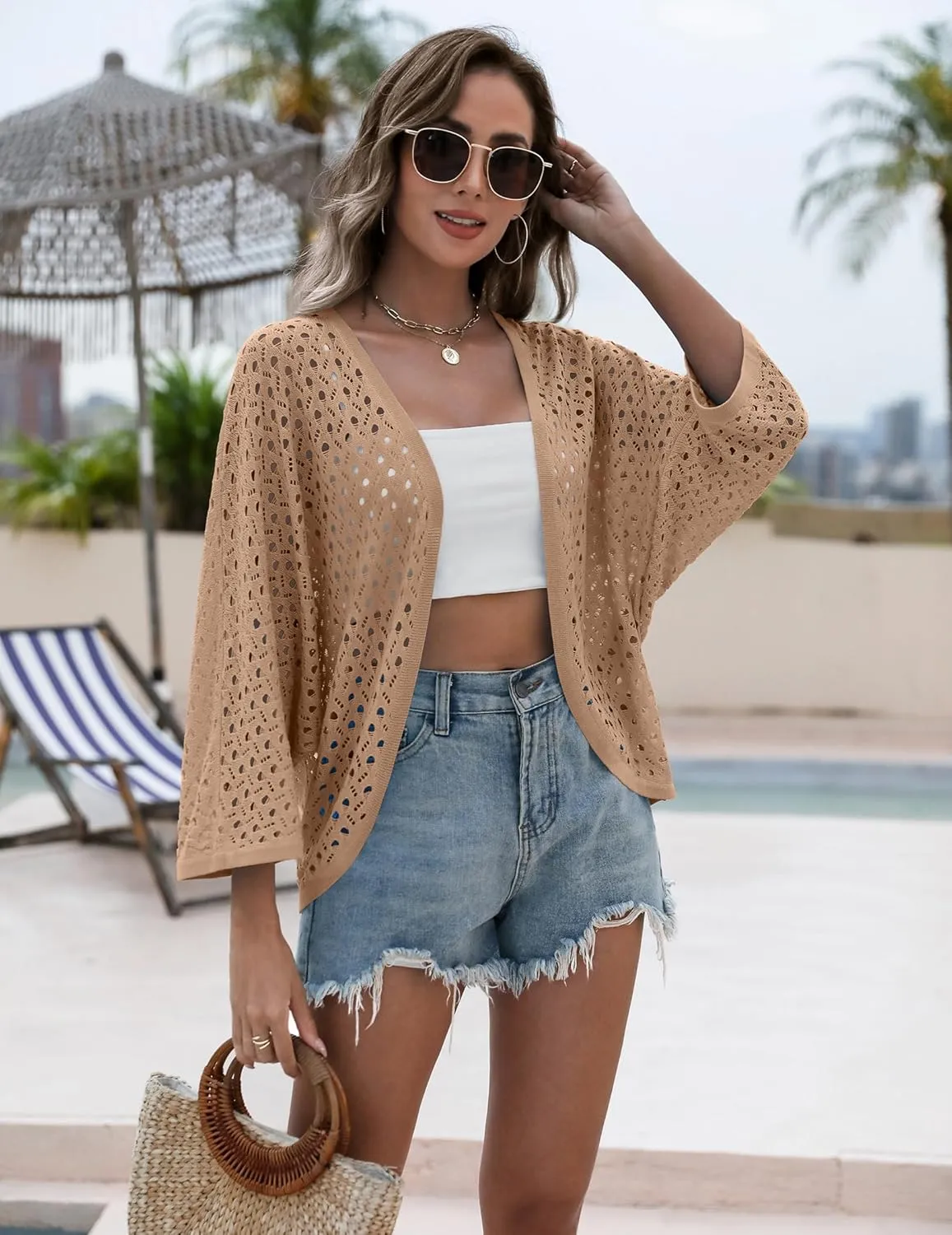 Zeagoo Womens Summer Crochet Cardigan Sweaters Lightweight Open Front 3/4 Sleeve Batwing Kimono Boho Knit Cover Ups 2025