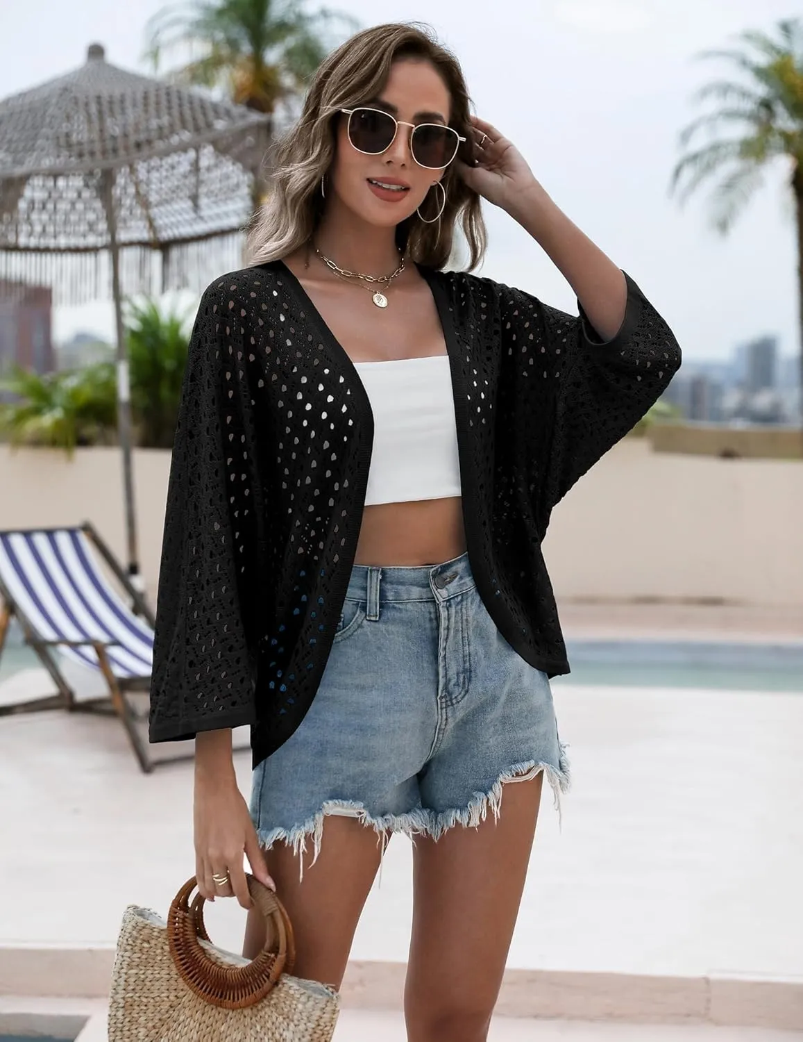 Zeagoo Womens Summer Crochet Cardigan Sweaters Lightweight Open Front 3/4 Sleeve Batwing Kimono Boho Knit Cover Ups 2025
