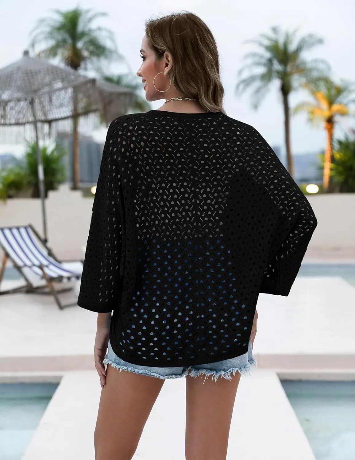 Zeagoo Womens Summer Crochet Cardigan Sweaters Lightweight Open Front 3/4 Sleeve Batwing Kimono Boho Knit Cover Ups 2025